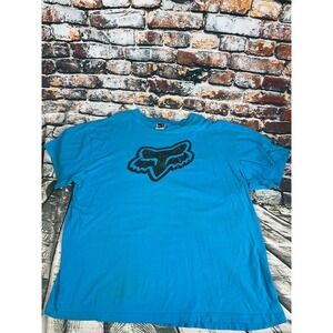 Vtg Y2K Fox Racing Mens XXL Turquoise Blue Graphic Logo Motocross Short Sleeve